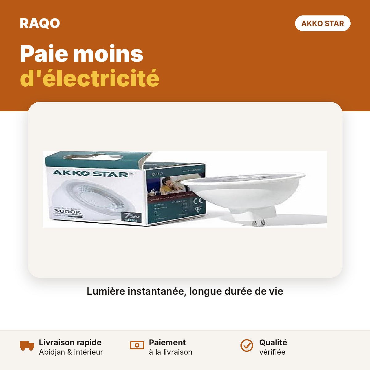 Ampoule spot LED 7W GU5.3 – lumière chaude 3000K | Akko Star - RAQO