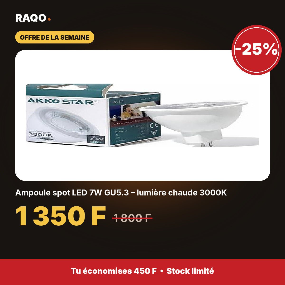 Ampoule spot LED 7W GU5.3 – lumière chaude 3000K | Akko Star - RAQO
