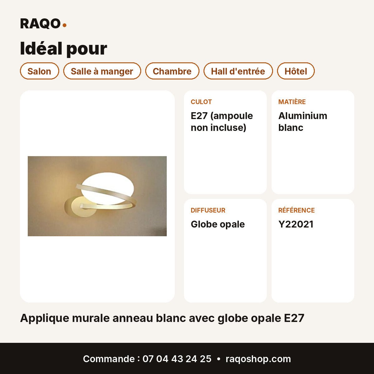 Applique murale anneau blanc avec globe opale E27 - RAQO