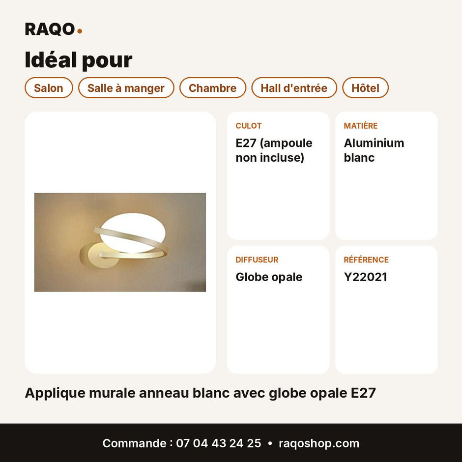 Applique murale anneau blanc avec globe opale E27 - RAQO