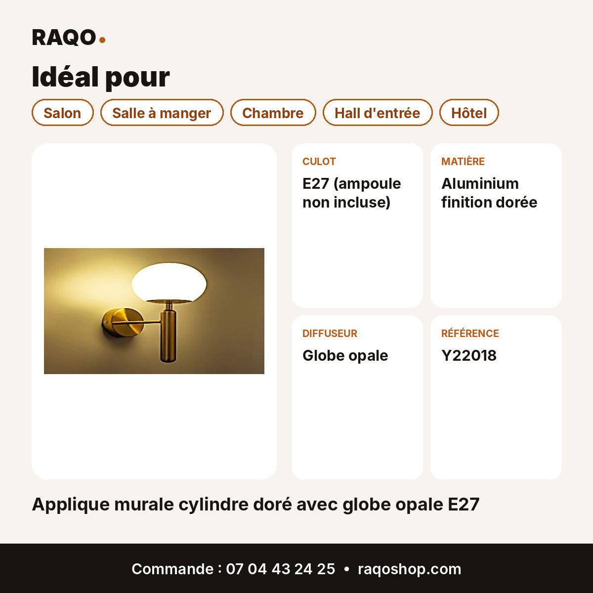 Applique murale cylindre doré avec globe opale E27 - RAQO