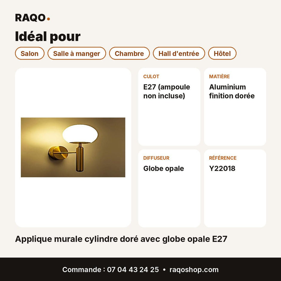 Applique murale cylindre doré avec globe opale E27 - RAQO