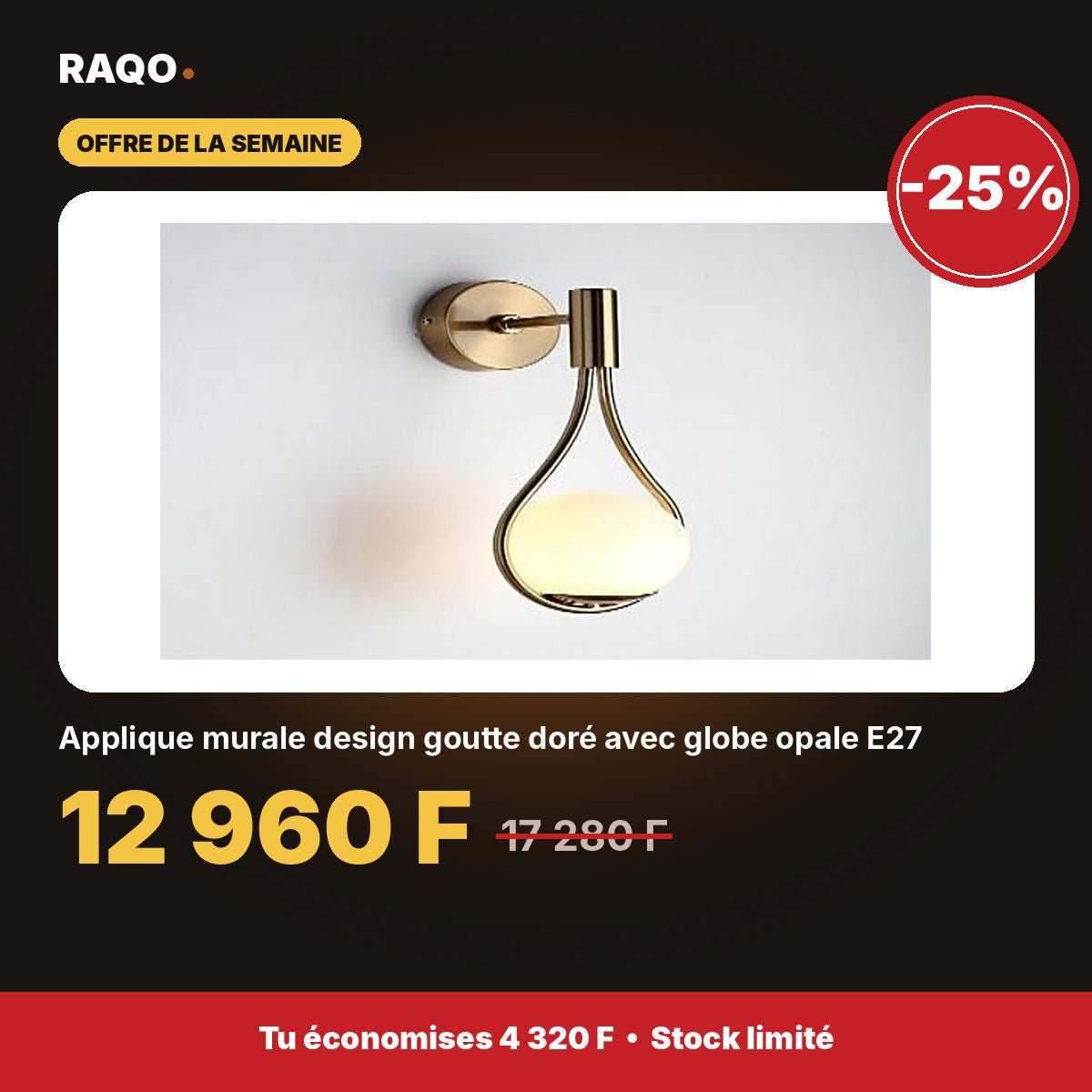 Applique murale design goutte doré avec globe opale E27 - RAQO