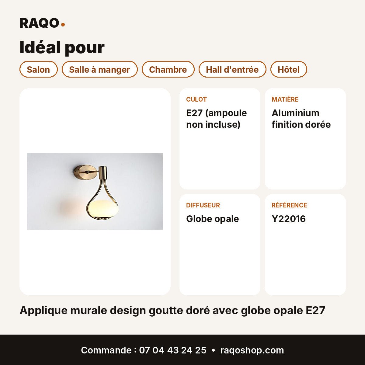 Applique murale design goutte doré avec globe opale E27 - RAQO