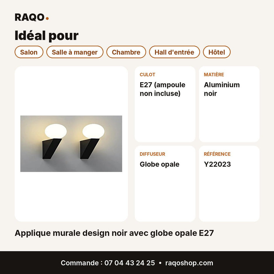 Applique murale design noir avec globe opale E27 - RAQO