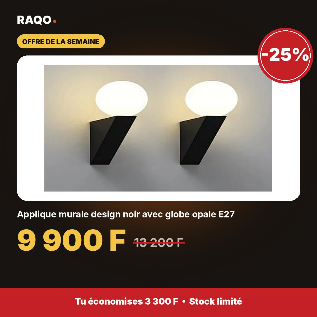 Applique murale design noir avec globe opale E27 - RAQO