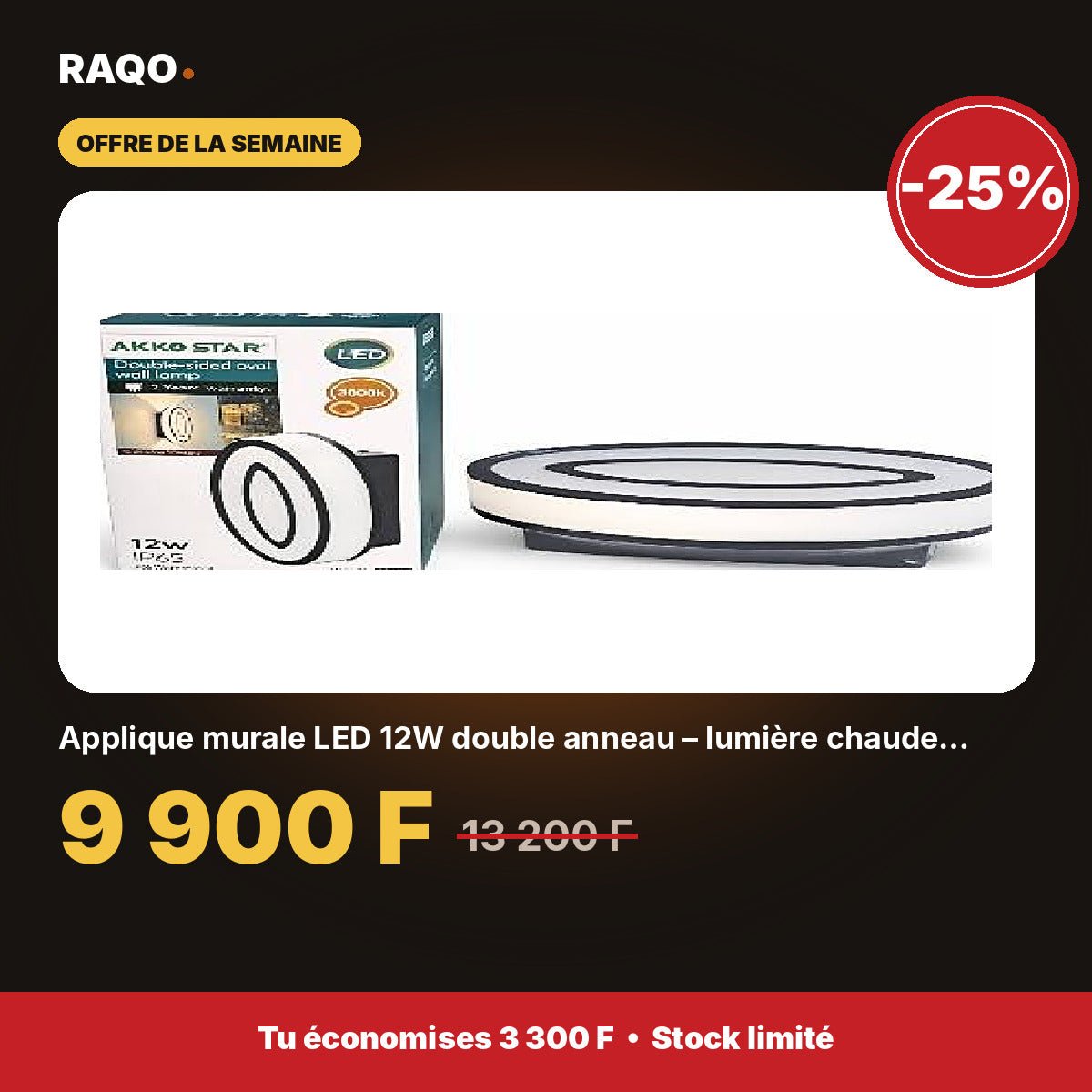 Applique murale LED 12W double anneau – lumière chaude 3000K | Akko Star - RAQO