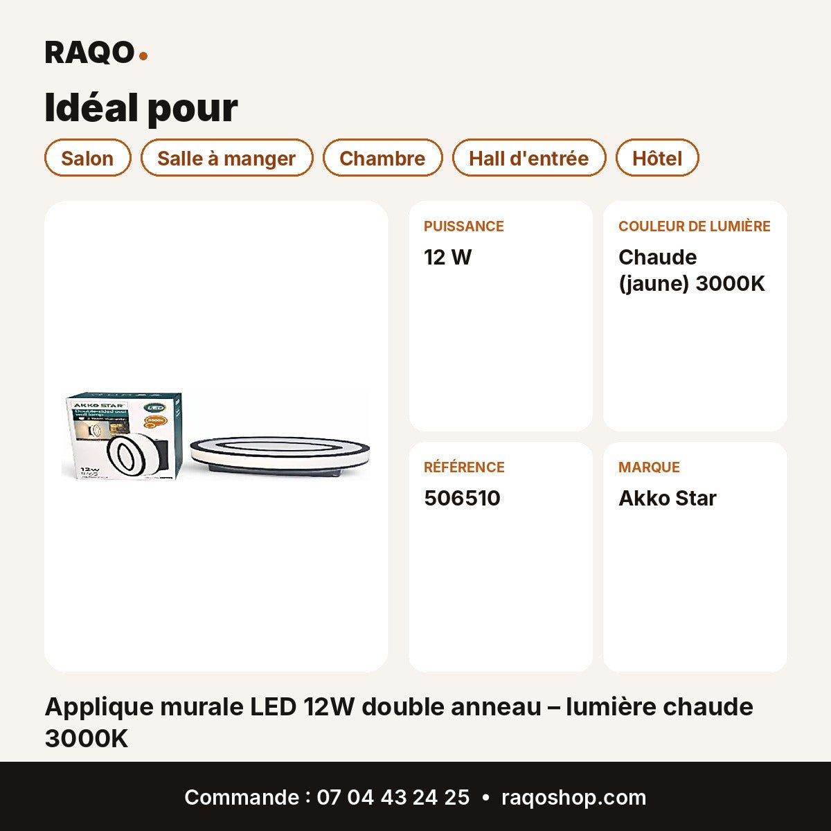 Applique murale LED 12W double anneau – lumière chaude 3000K | Akko Star - RAQO