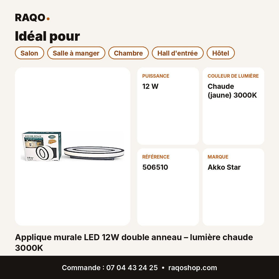 Applique murale LED 12W double anneau – lumière chaude 3000K | Akko Star - RAQO