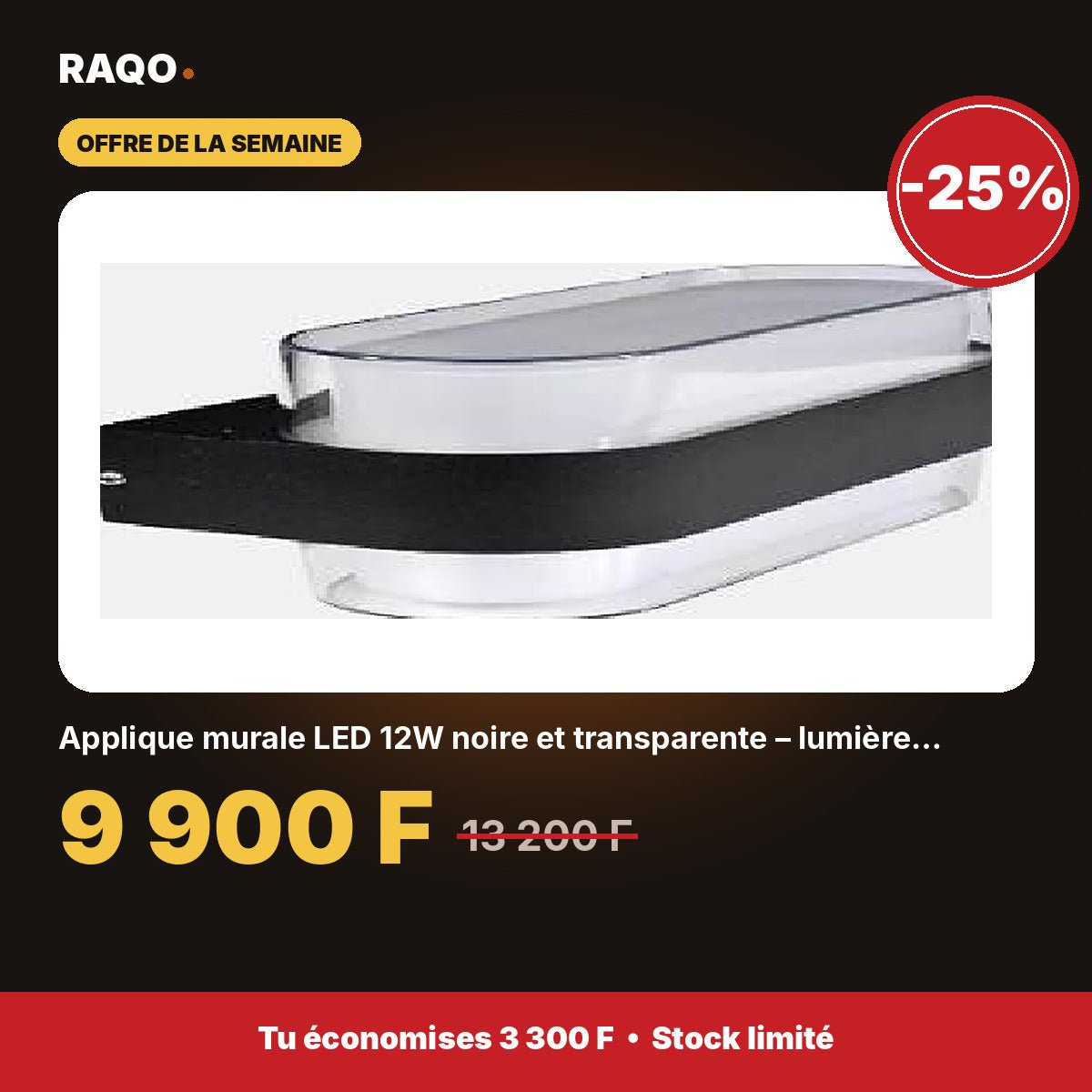 Applique murale LED 12W noire et transparente – lumière blanche 6500K | Akko Star - RAQO