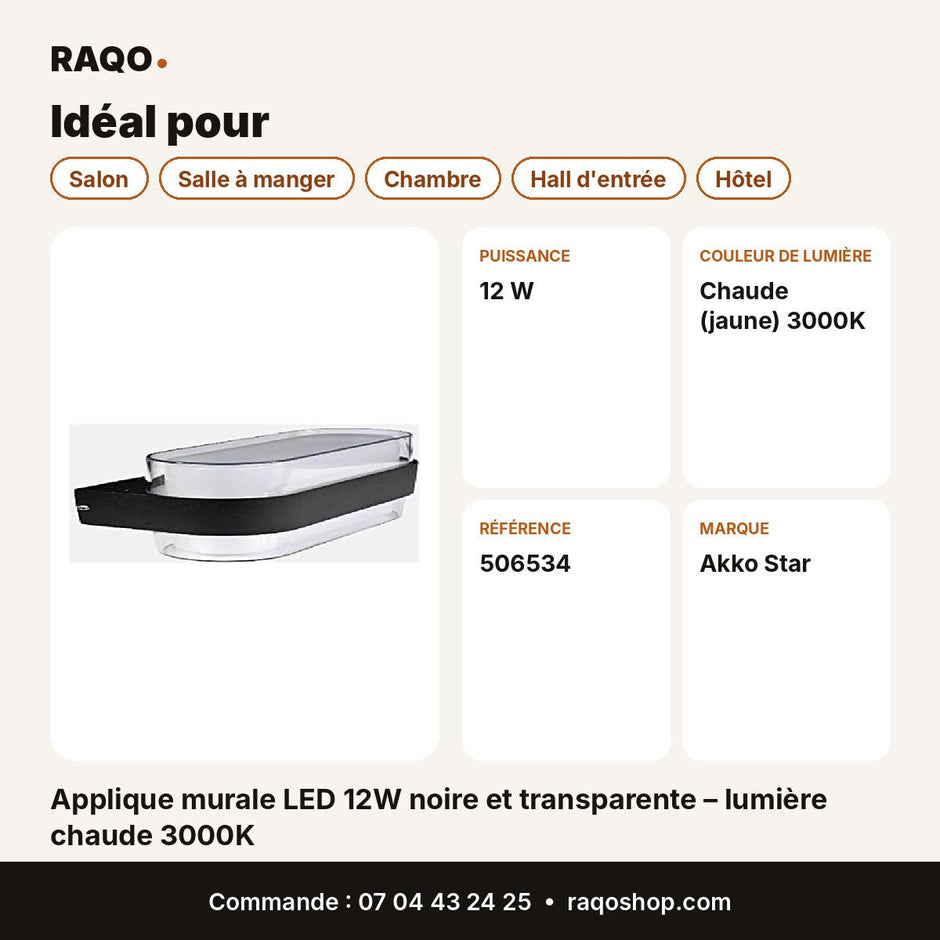 Applique murale LED 12W noire et transparente – lumière chaude 3000K | Akko Star - RAQO
