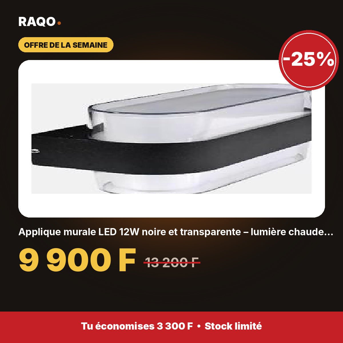 Applique murale LED 12W noire et transparente – lumière chaude 3000K | Akko Star - RAQO