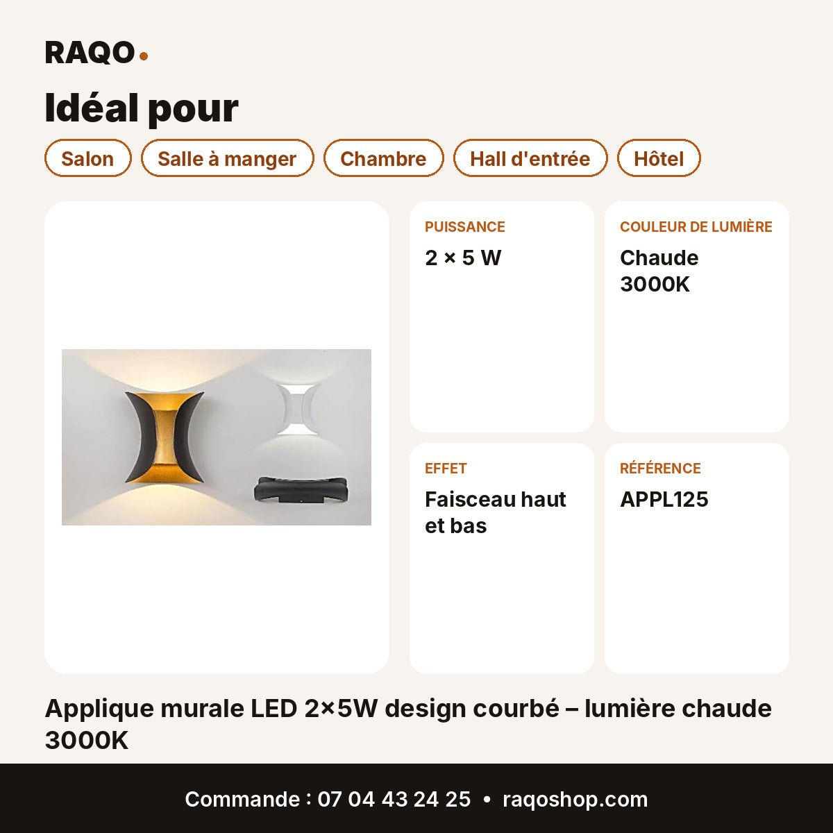 Applique murale LED 2×5W design courbé – lumière chaude 3000K - RAQO