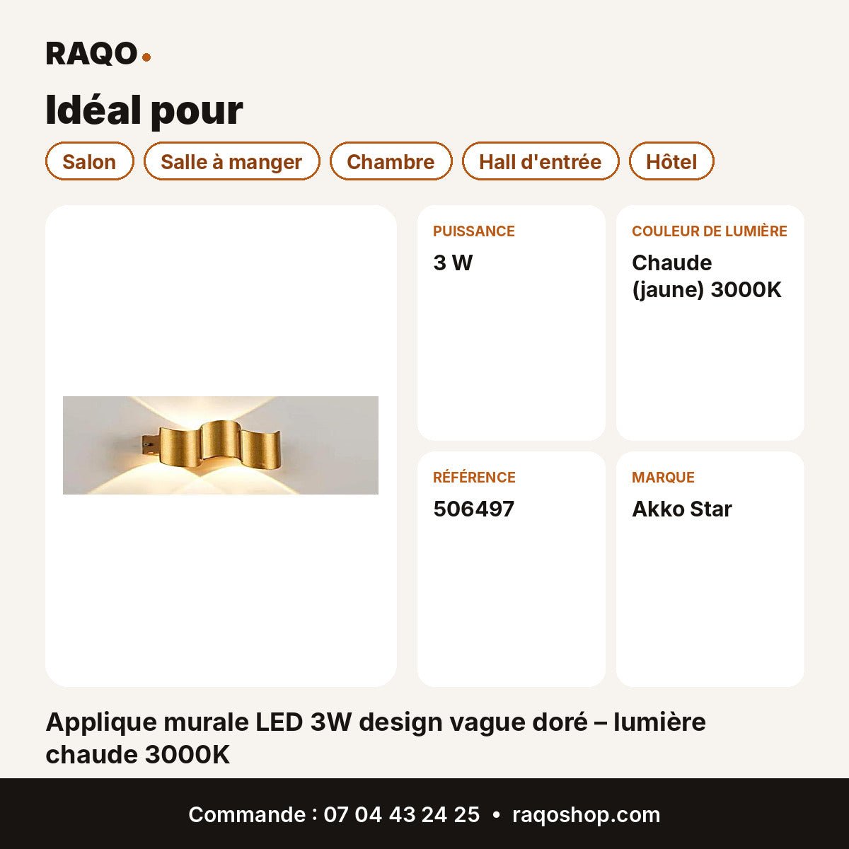 Applique murale LED 3W design vague doré – lumière chaude 3000K | Akko Star - RAQO
