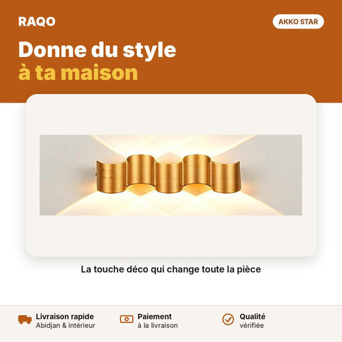 Applique murale LED 5W design vague doré – lumière chaude 3000K | Akko Star - RAQO