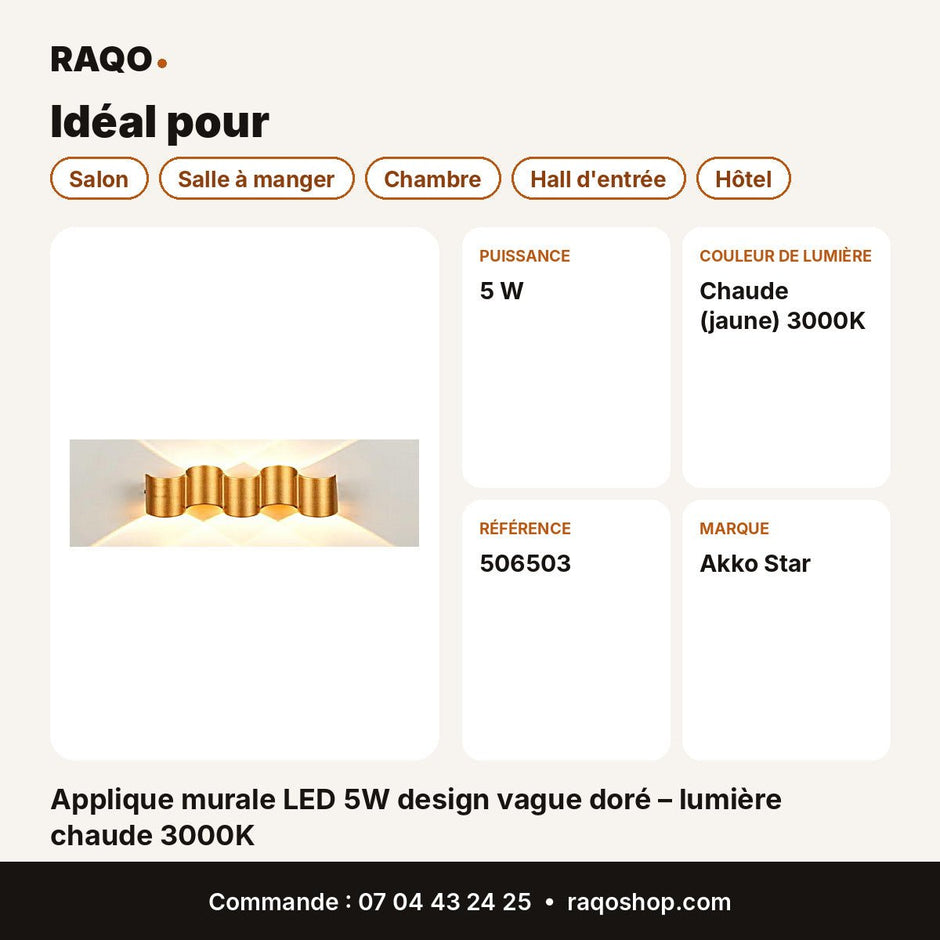 Applique murale LED 5W design vague doré – lumière chaude 3000K | Akko Star - RAQO