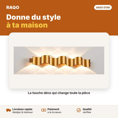 Applique murale LED 7W design vague doré – lumière chaude 3000K | Akko Star - RAQO