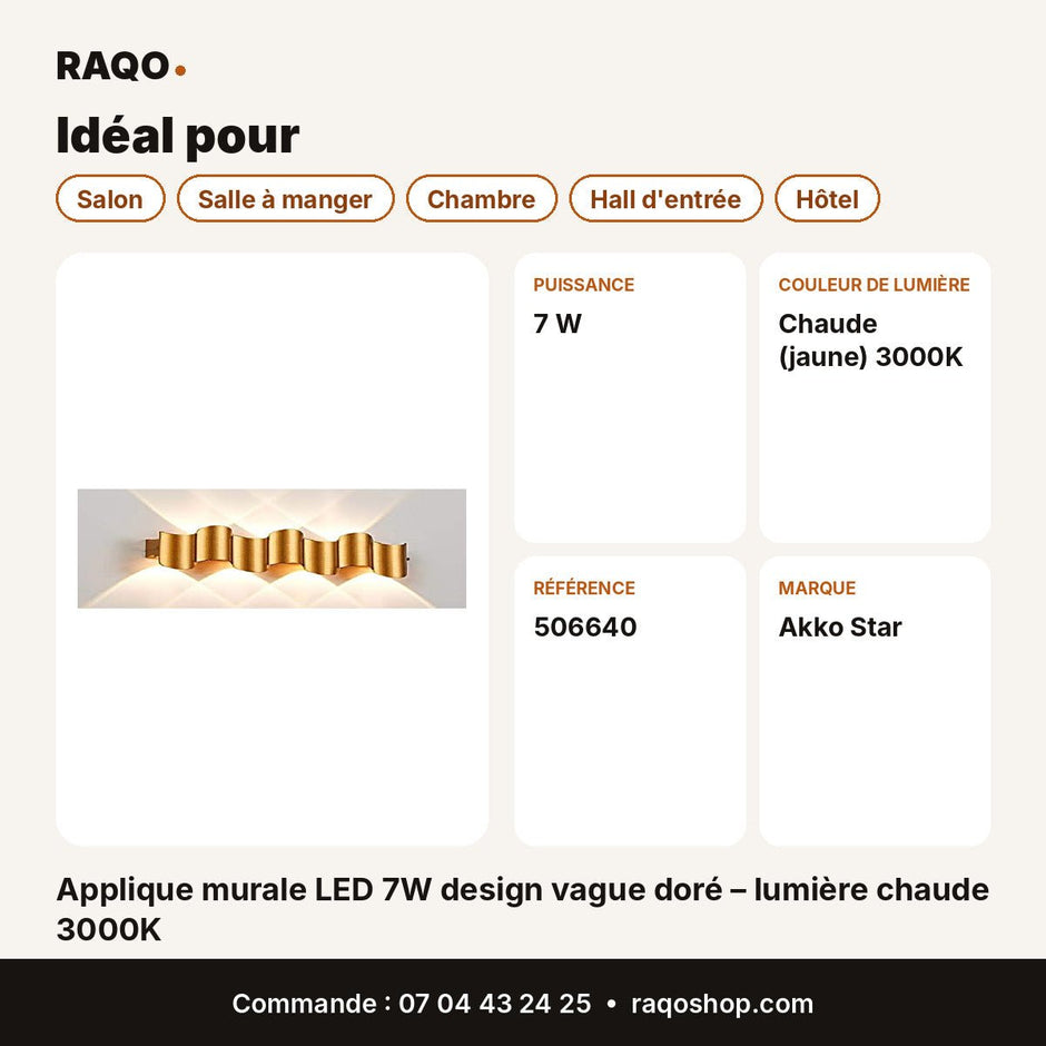 Applique murale LED 7W design vague doré – lumière chaude 3000K | Akko Star - RAQO