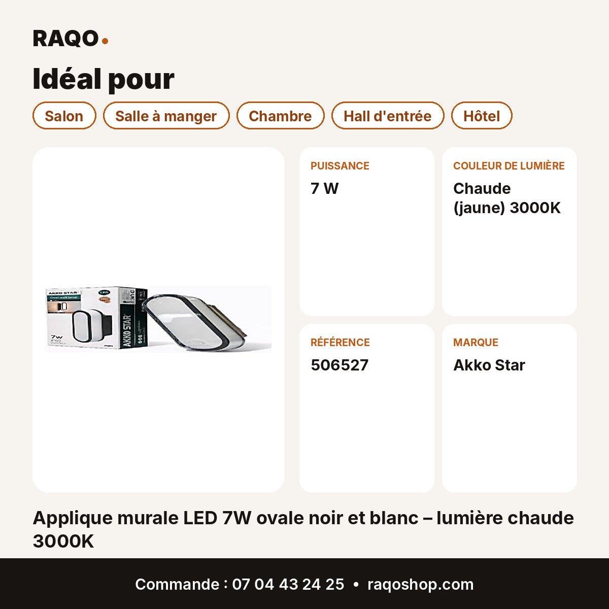 Applique murale LED 7W ovale noir et blanc – lumière chaude 3000K | Akko Star - RAQO