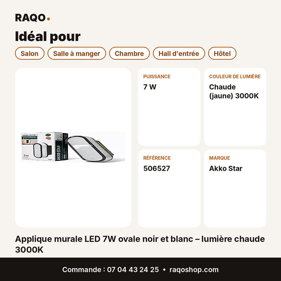 Applique murale LED 7W ovale noir et blanc – lumière chaude 3000K | Akko Star - RAQO