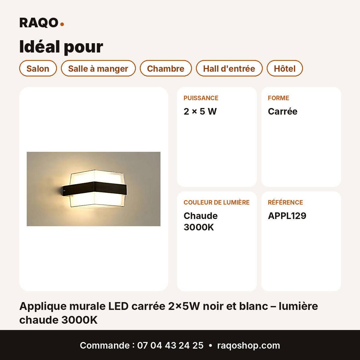 Applique murale LED carrée 2×5W noir et blanc – lumière chaude 3000K - RAQO
