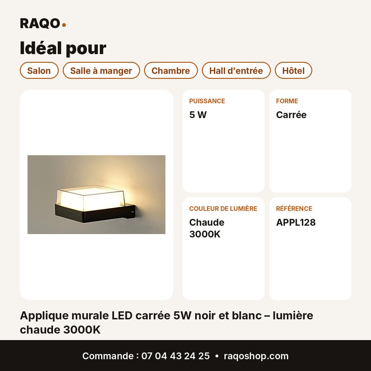 Applique murale LED carrée 5W noir et blanc – lumière chaude 3000K - RAQO