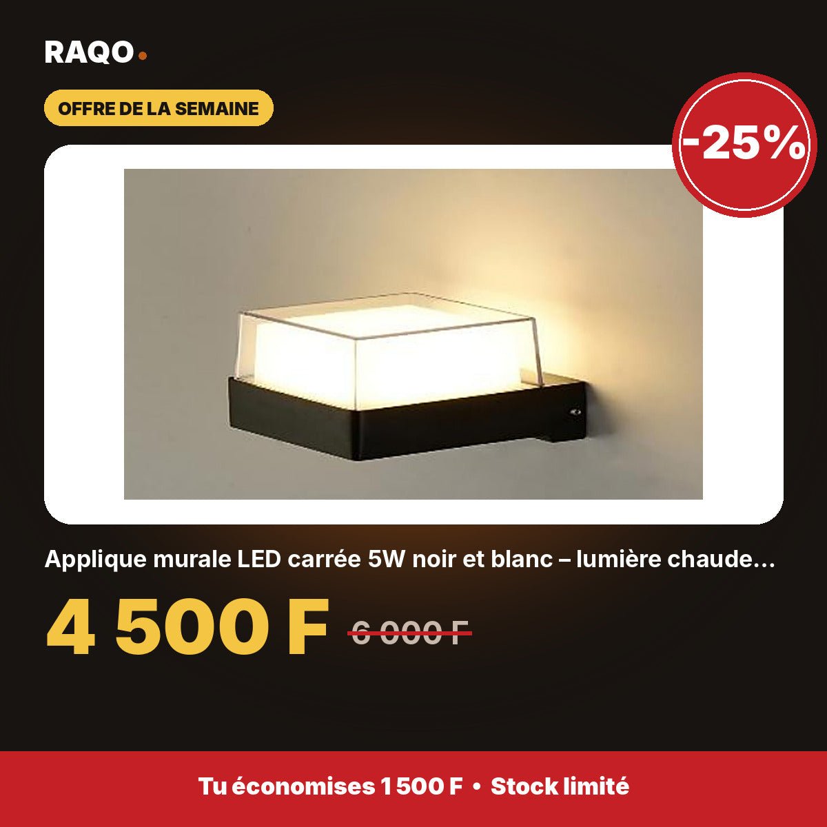Applique murale LED carrée 5W noir et blanc – lumière chaude 3000K - RAQO