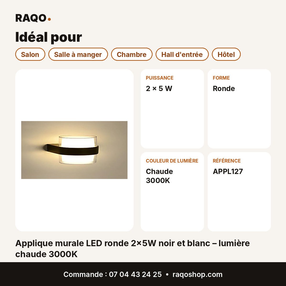 Applique murale LED ronde 2×5W noir et blanc – lumière chaude 3000K - RAQO