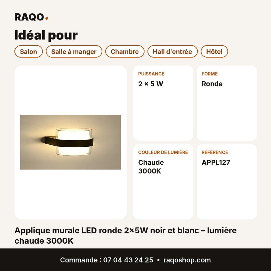 Applique murale LED ronde 2×5W noir et blanc – lumière chaude 3000K - RAQO