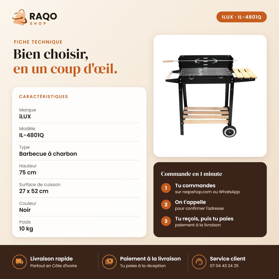 Barbecue à Charbon iLUX – 27 x 52 cm - RAQO (fiche technique)