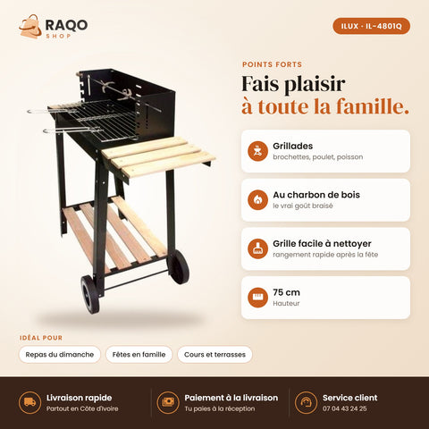 Barbecue à Charbon iLUX – 27 x 52 cm - RAQO (points forts)
