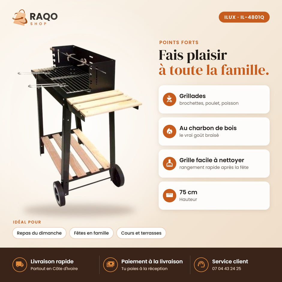 Barbecue à Charbon iLUX – 27 x 52 cm - RAQO (points forts)