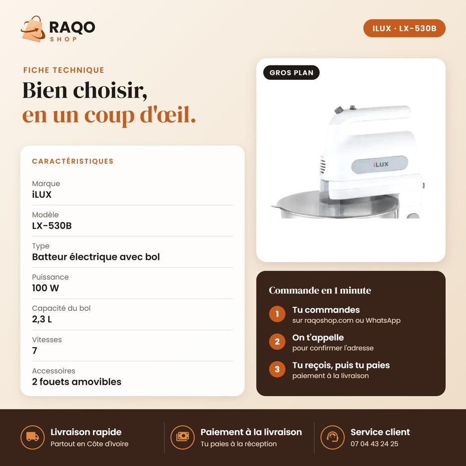Batteur Électrique iLUX – 100 W – 2,3 L - RAQO (fiche technique)