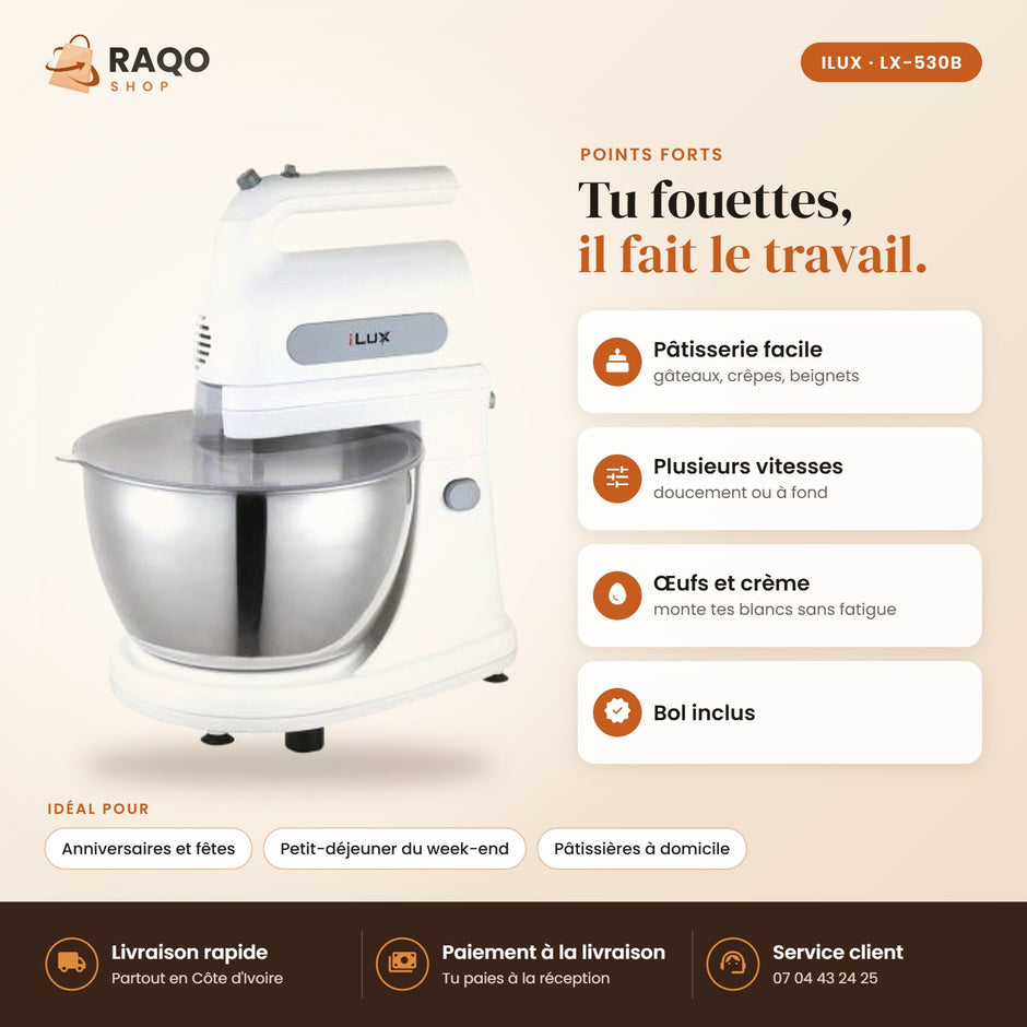 Batteur Électrique iLUX – 100 W – 2,3 L - RAQO (points forts)