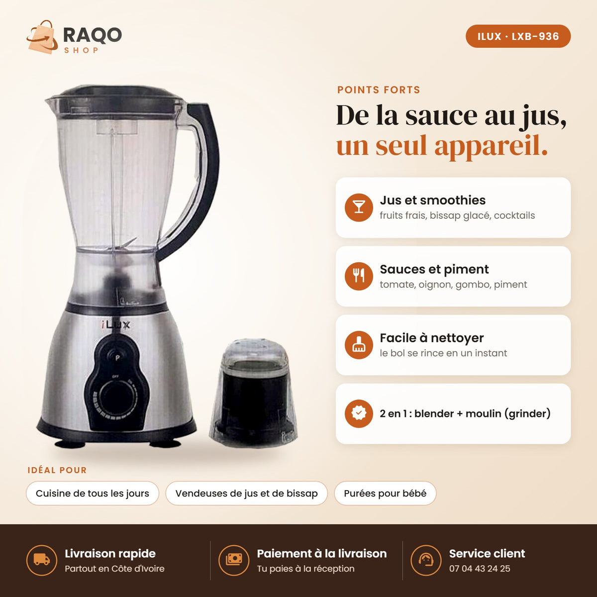 Blender Mixeur iLUX – 2 en 1 – 350 W – 1,5 L - RAQO (points forts)