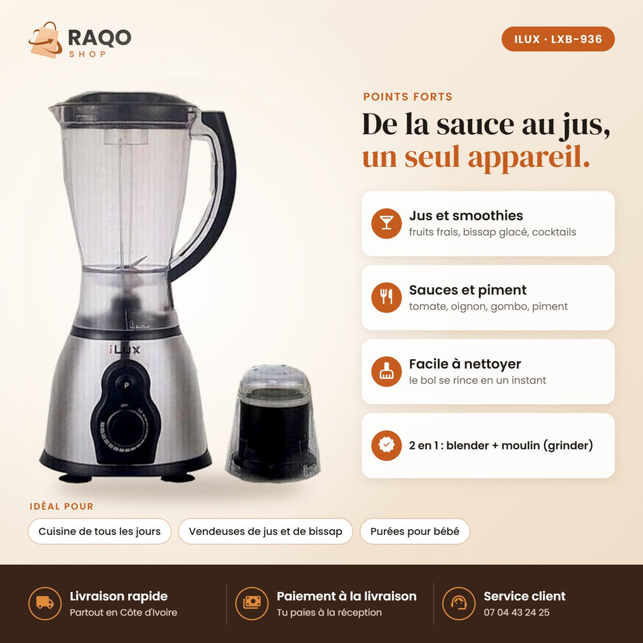 Blender Mixeur iLUX – 2 en 1 – 350 W – 1,5 L - RAQO (points forts)