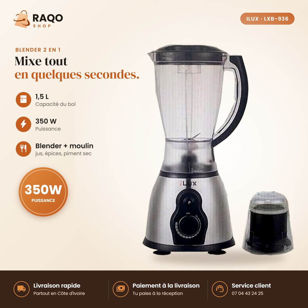 Blender Mixeur iLUX – 2 en 1 – 350 W – 1,5 L - RAQO