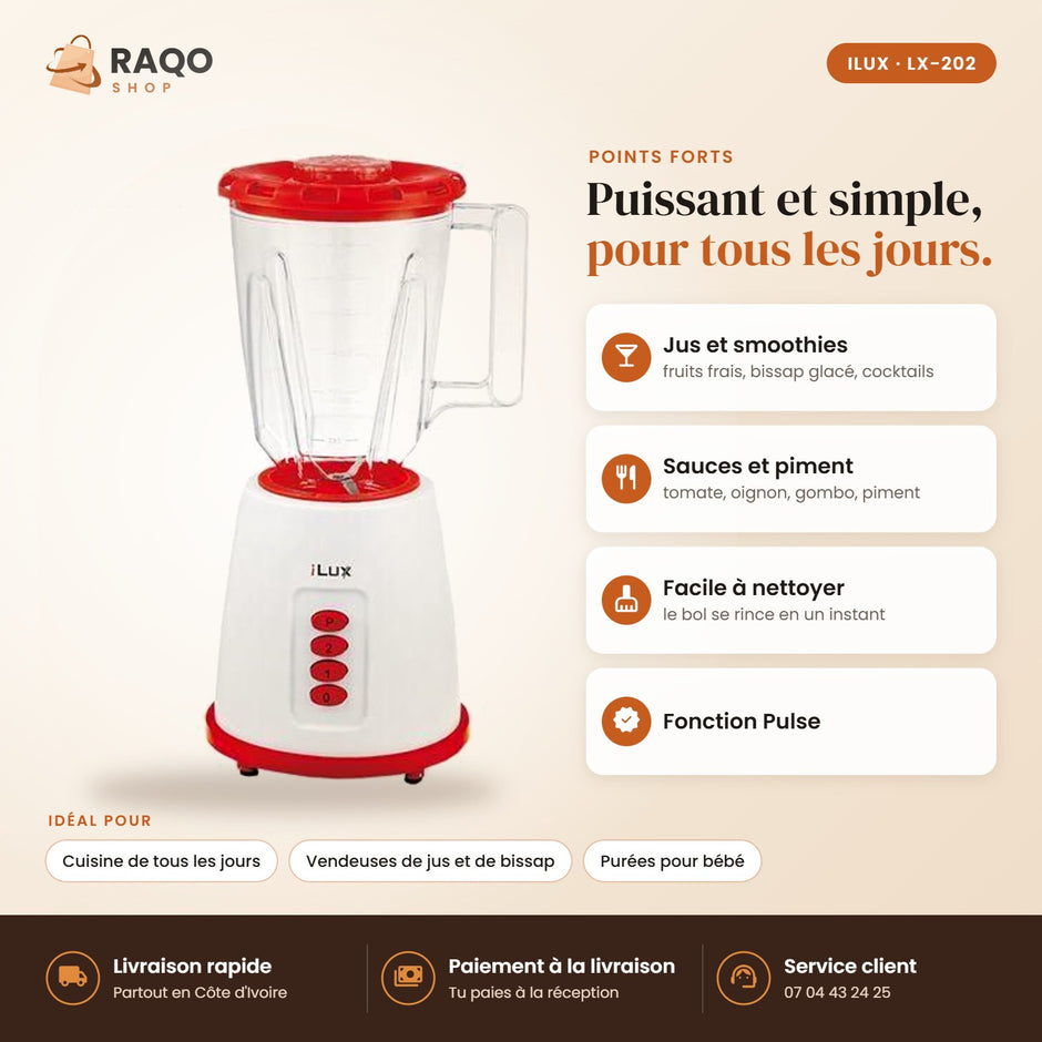 Blender Mixeur iLUX – 300 W – 1,5 L - RAQO (points forts)