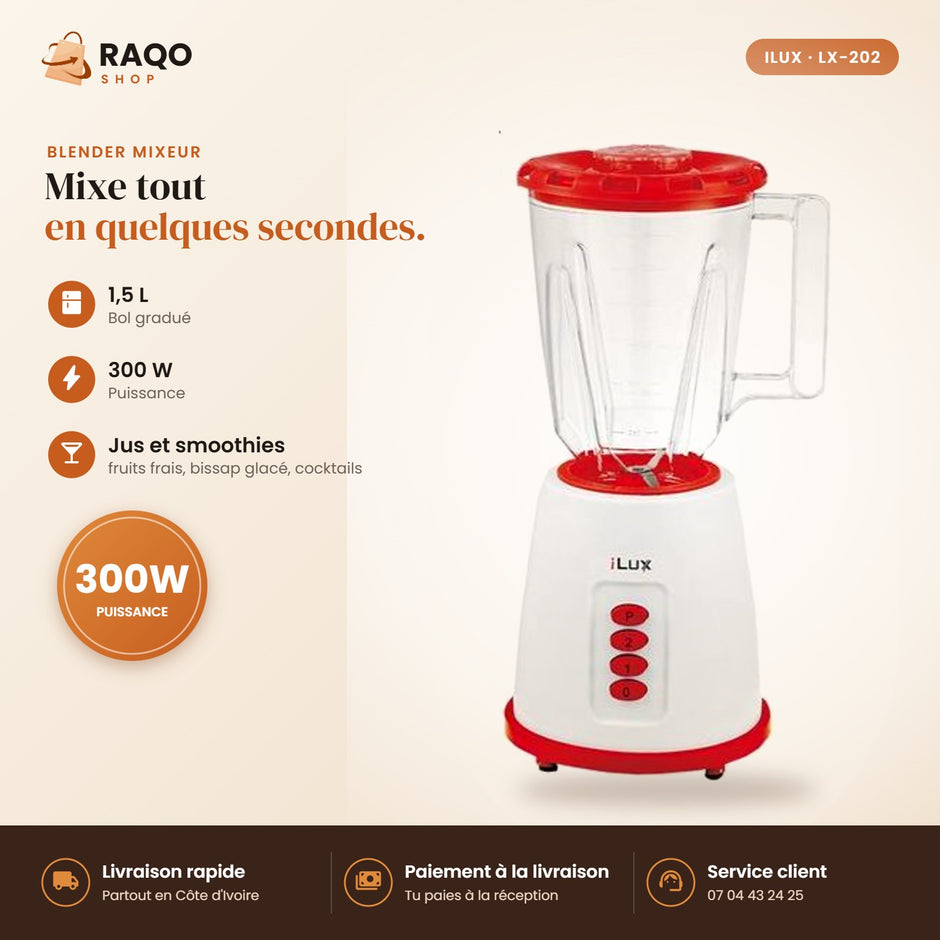 Blender Mixeur iLUX – 300 W – 1,5 L - RAQO