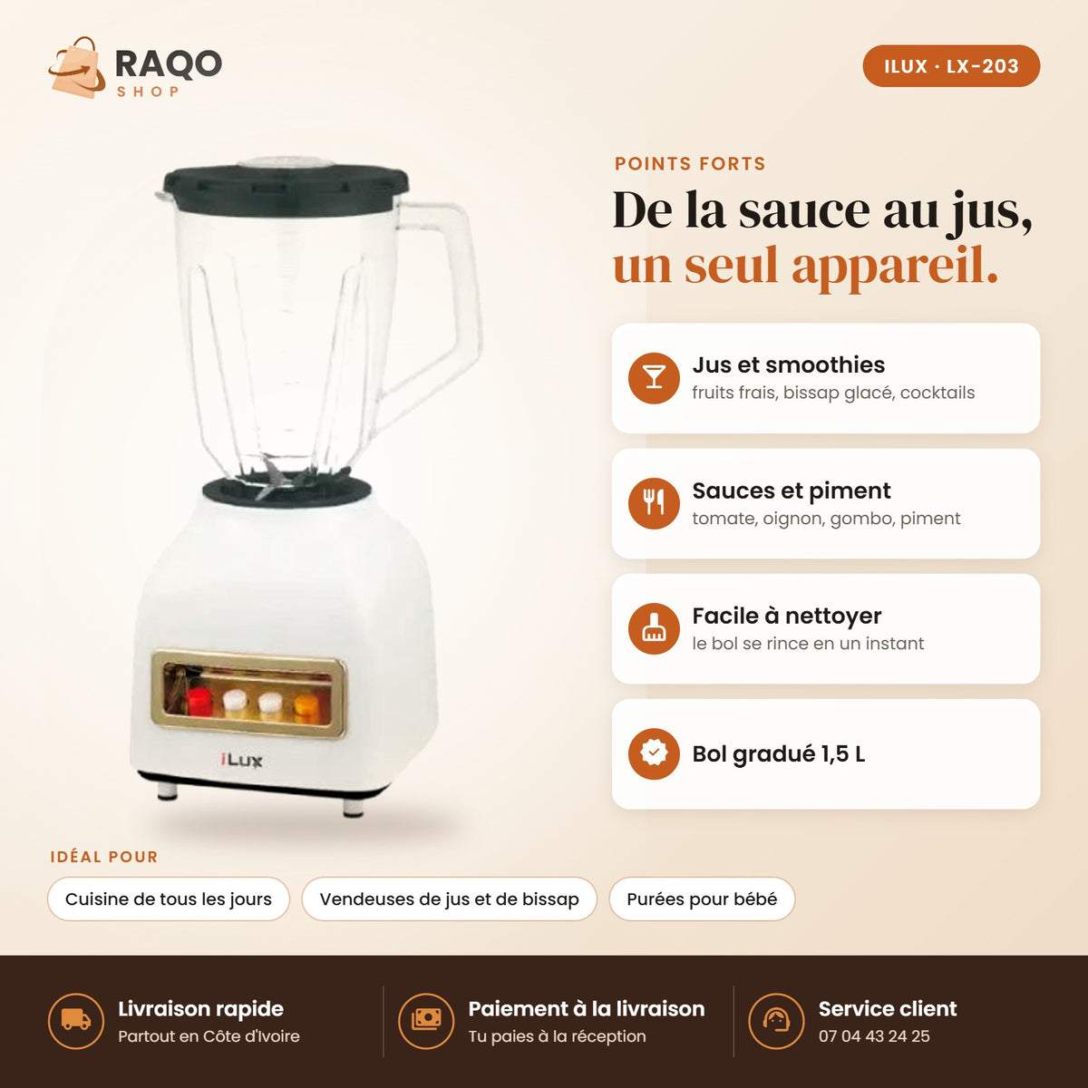 Blender Mixeur iLUX – 300 W – 1,5 L - RAQO (points forts)