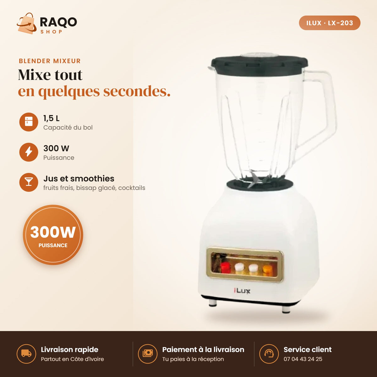 Blender Mixeur iLUX – 300 W – 1,5 L - RAQO