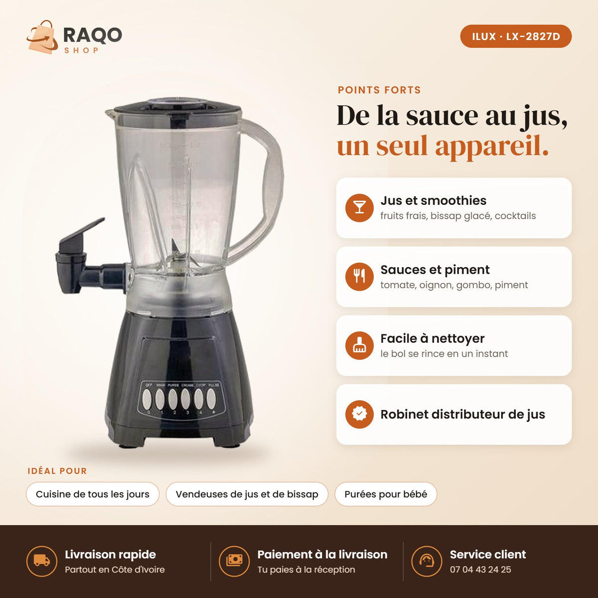 Blender Mixeur iLUX – 300 W – 1,5 L - RAQO (points forts)