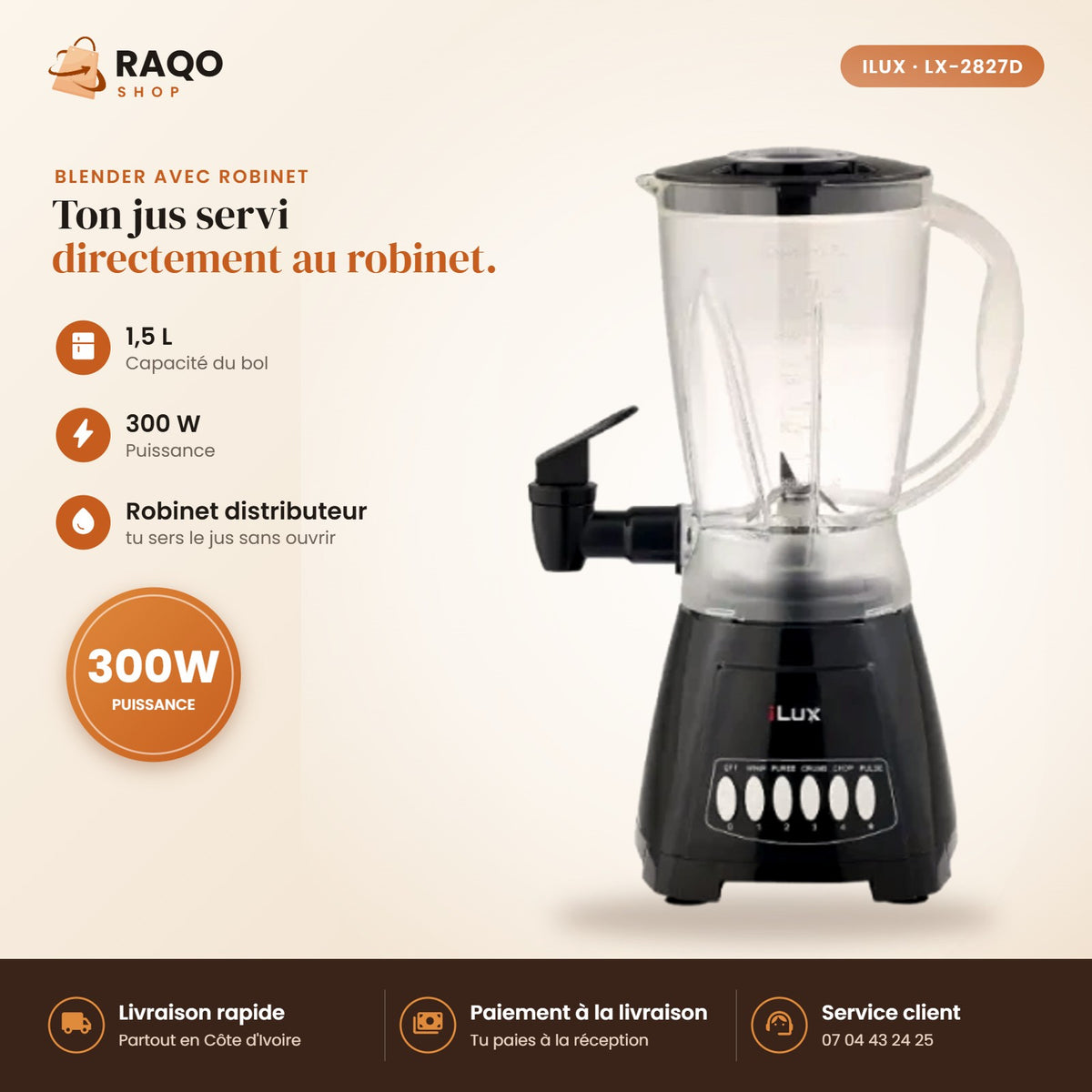 Blender Mixeur iLUX – 300 W – 1,5 L - RAQO