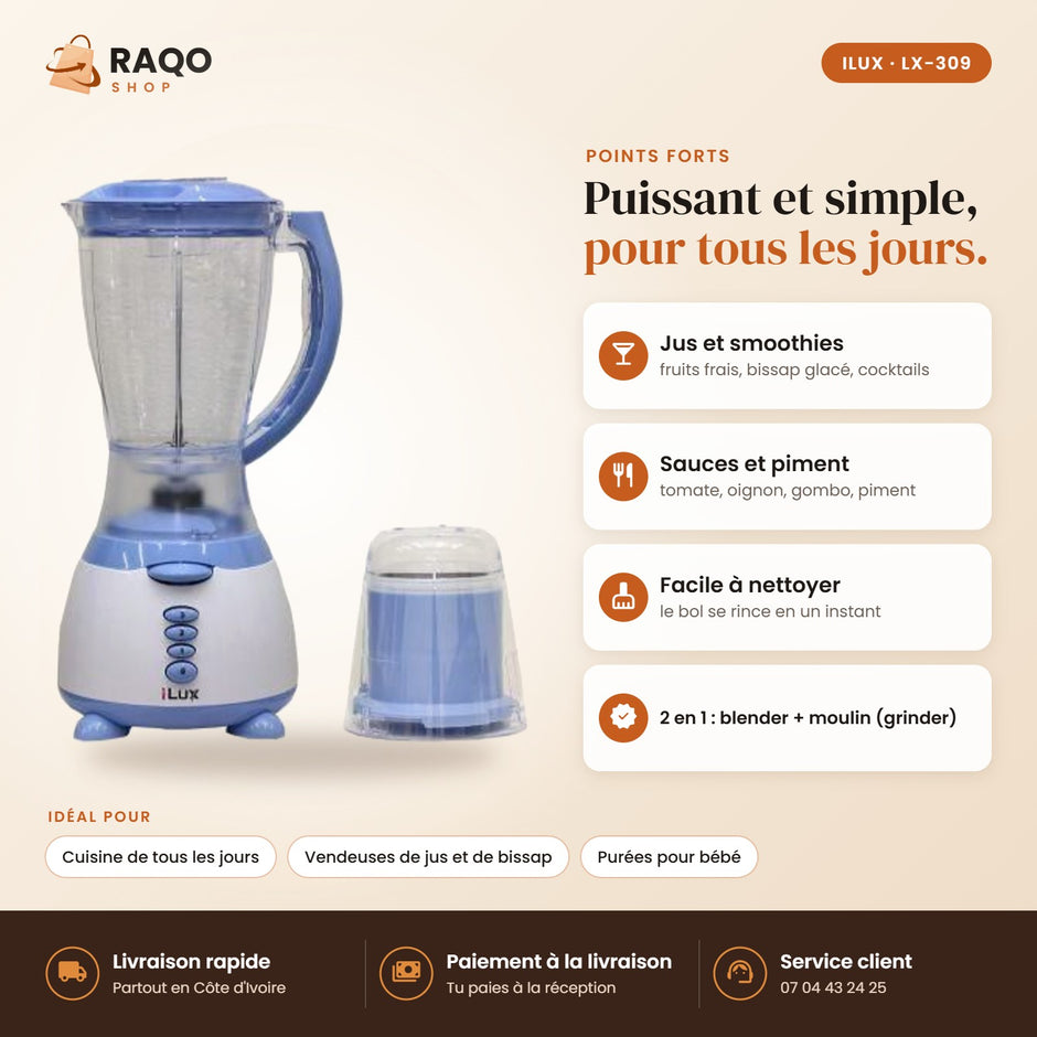 Blender Mixeur iLUX – 300 W – 1,5 L - RAQO (points forts)