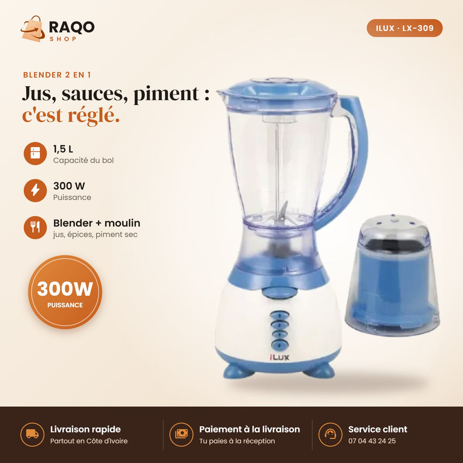 Blender Mixeur iLUX – 300 W – 1,5 L - RAQO