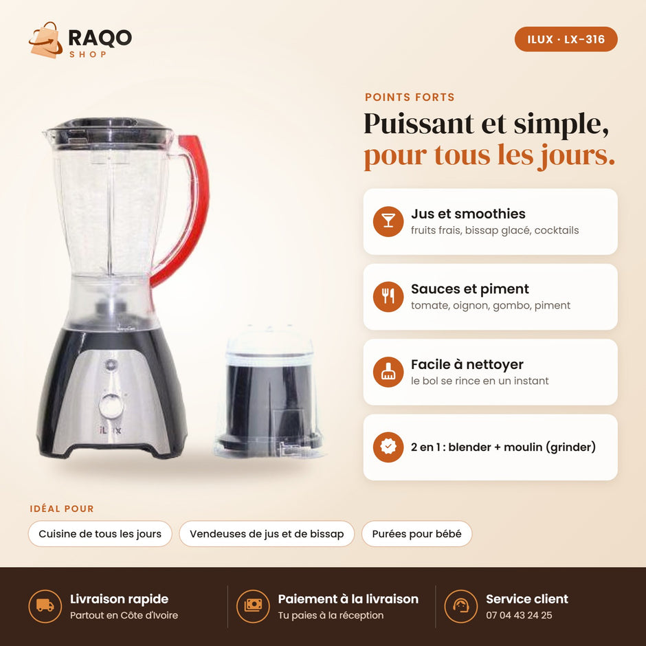 Blender Mixeur iLUX – 300 W – 1,5 L - RAQO (points forts)