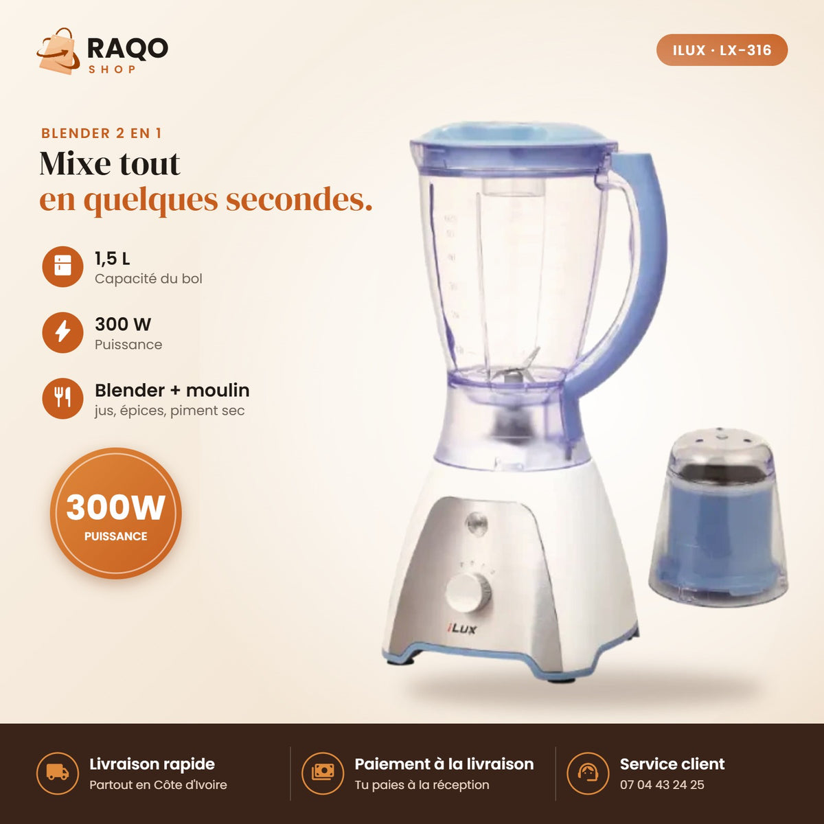 Blender Mixeur iLUX – 300 W – 1,5 L - RAQO
