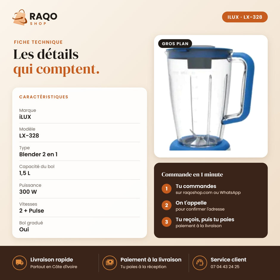 Blender Mixeur iLUX – 300 W – 1,5 L - RAQO (fiche technique)