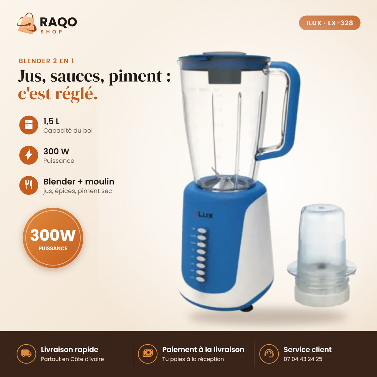 Blender Mixeur iLUX – 300 W – 1,5 L - RAQO