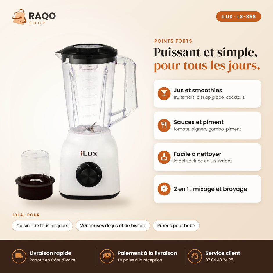 Blender Mixeur iLUX – 300 W – 1,5 L - RAQO (points forts)